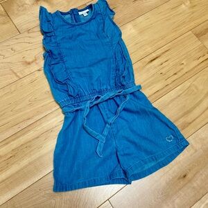 Italian Blue denim Ruffled Kids one piece Romper with tie bow and diamond heart